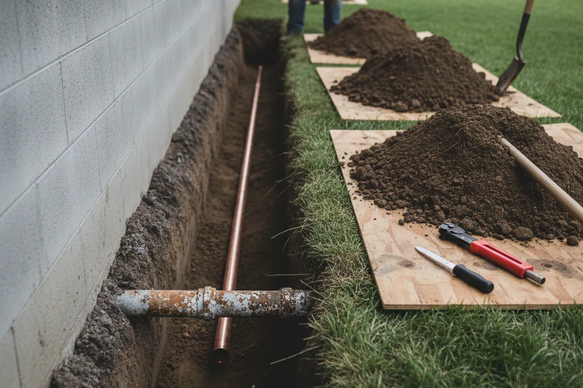 Excavated water line trench during Water Softener Installation in Stamford